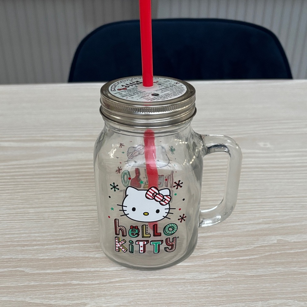 Hello Kitty Glass Mason Jar with Red Straw